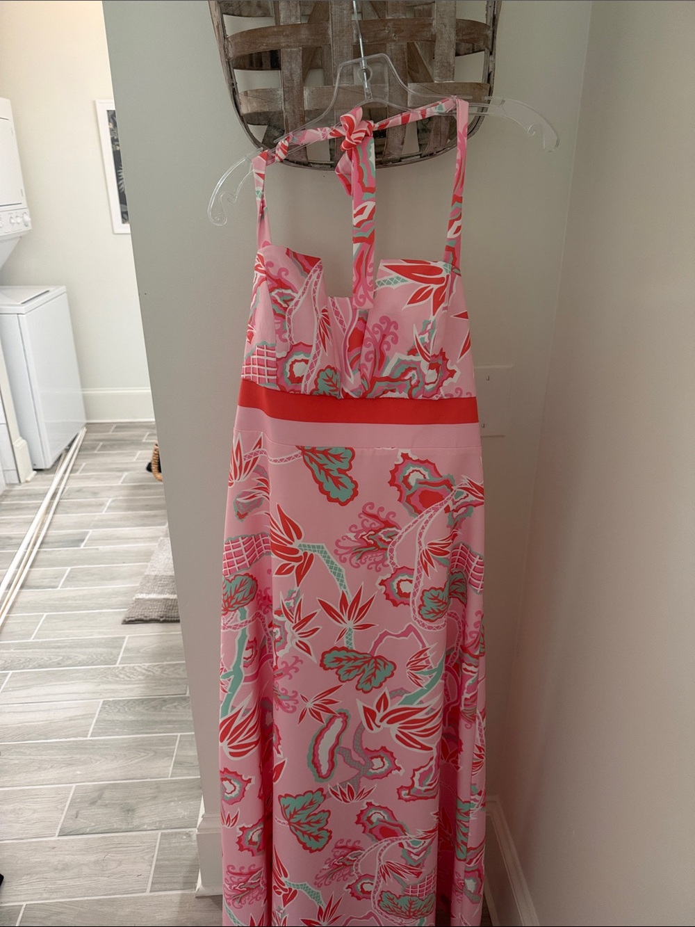 Pink Floral Halter Maxi Dress with Coral Waistband